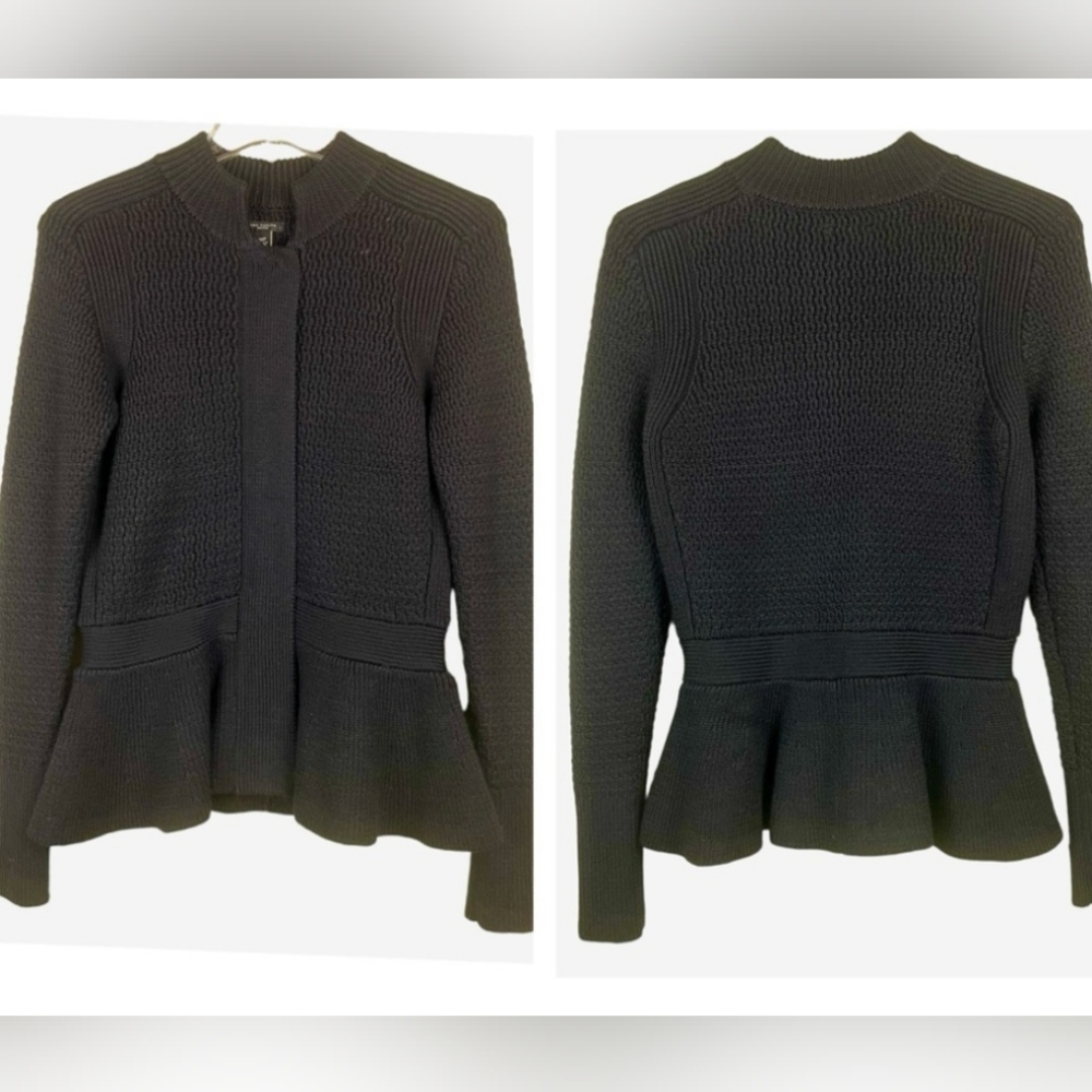 Ann Taylor Black Peplum Black Full Zip Open Heavy Cardigan Sweater Sz M Petite